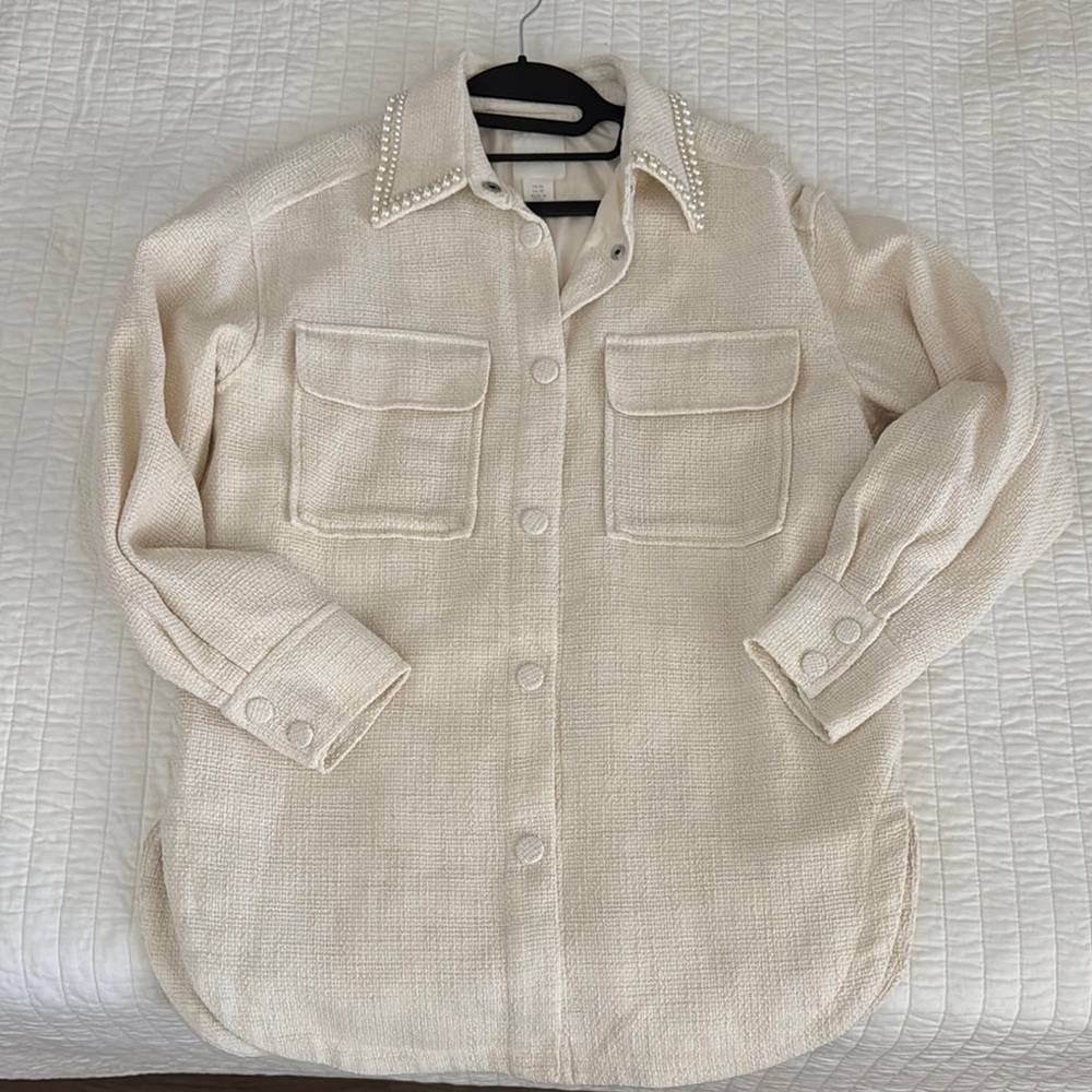 Cream Textured women’s Shirt with Pearl Accents